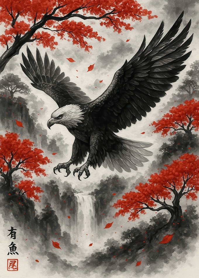 Eagle in Flight with Autumn Landscape