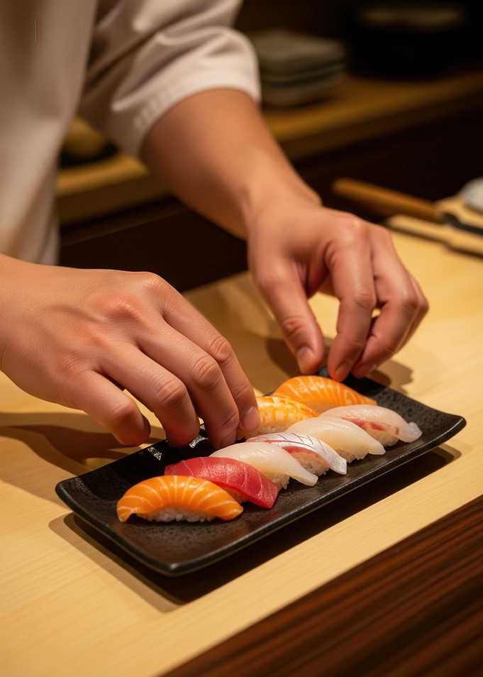 Sushi preparation on a black plate