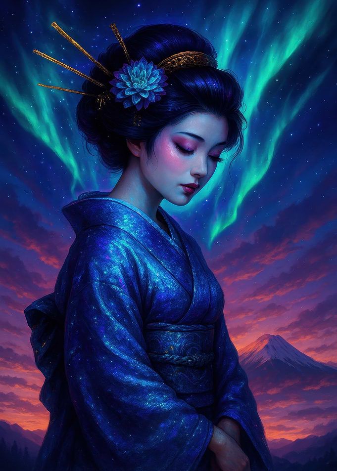Geisha with Aurora Borealis Background