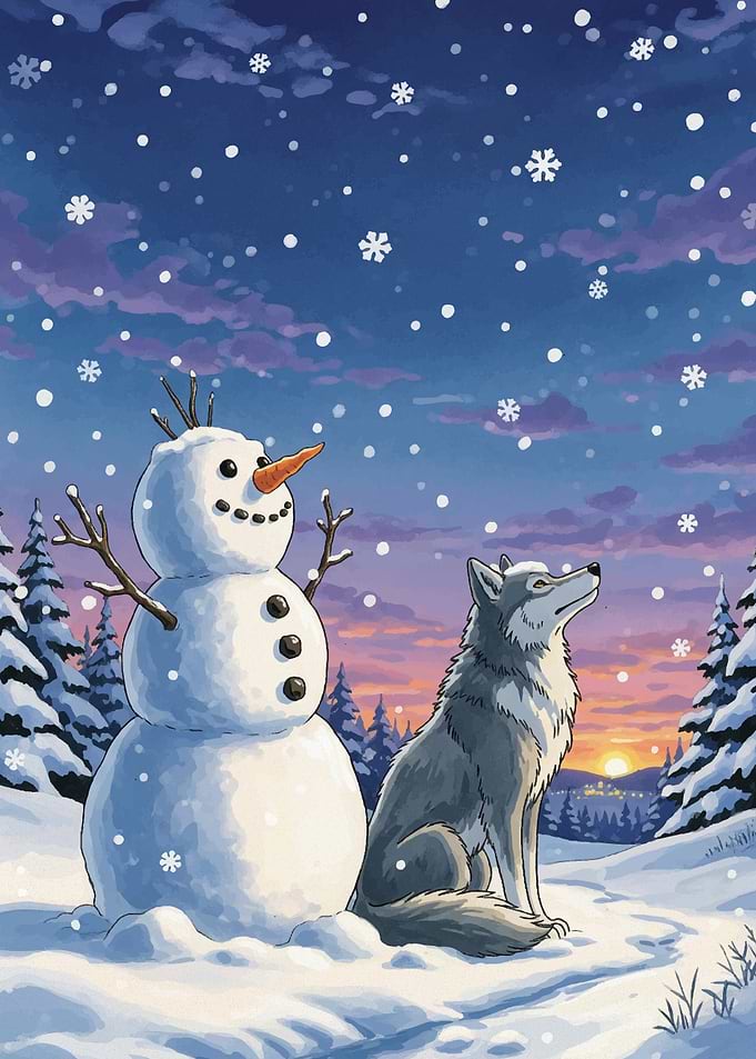 Snowman and Wolf in Winter Landscape