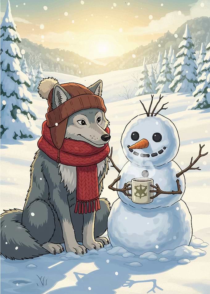 Wolf and Snowman Winter Scene
