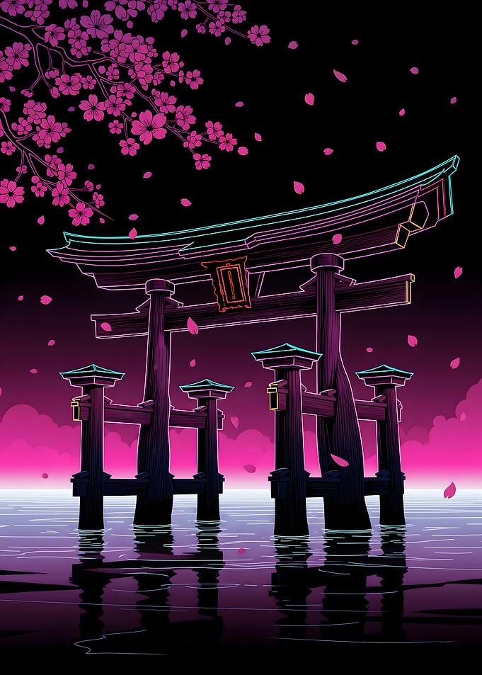 Japanese Aesthetics – Neon Torii Gate Over Water