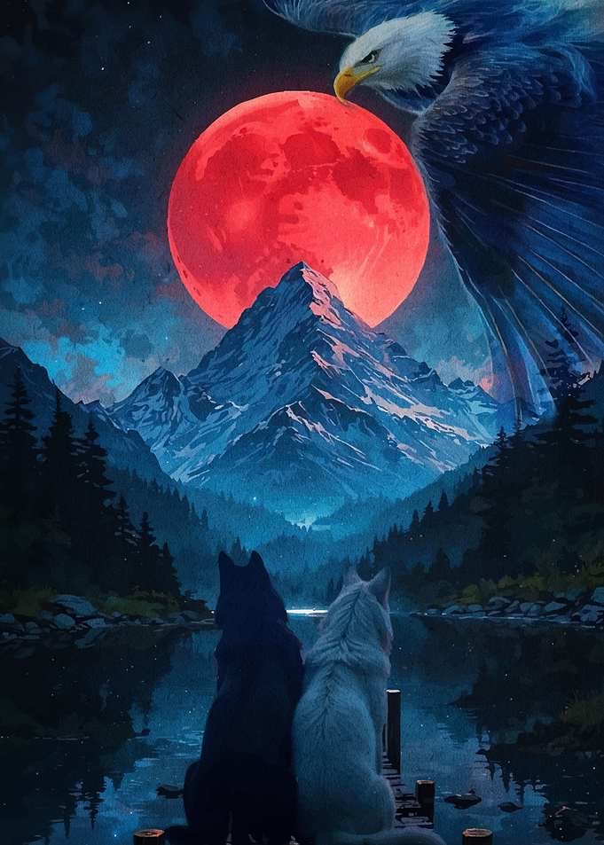 Wolves Eagle Blood Moon Landscape