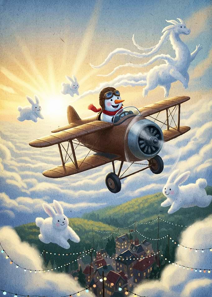 Snowman Flying Airplane Bunnies
