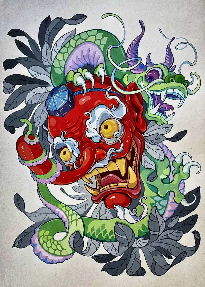 Dragon and Oni Mask Illustration