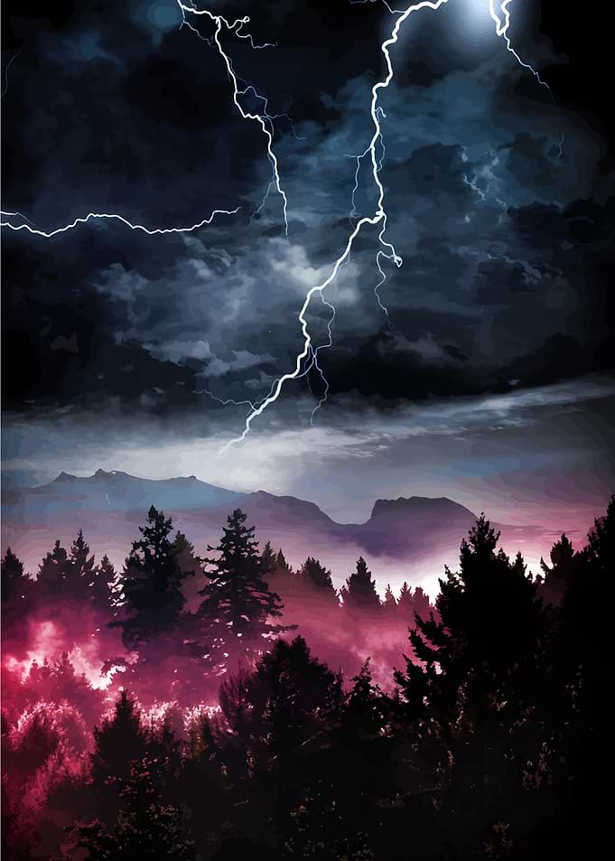 Dramatic Lightning Storm over Forest Landscape