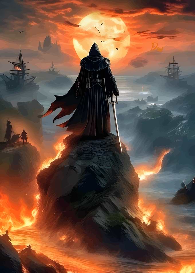 Dark hooded figure with sword on cliff