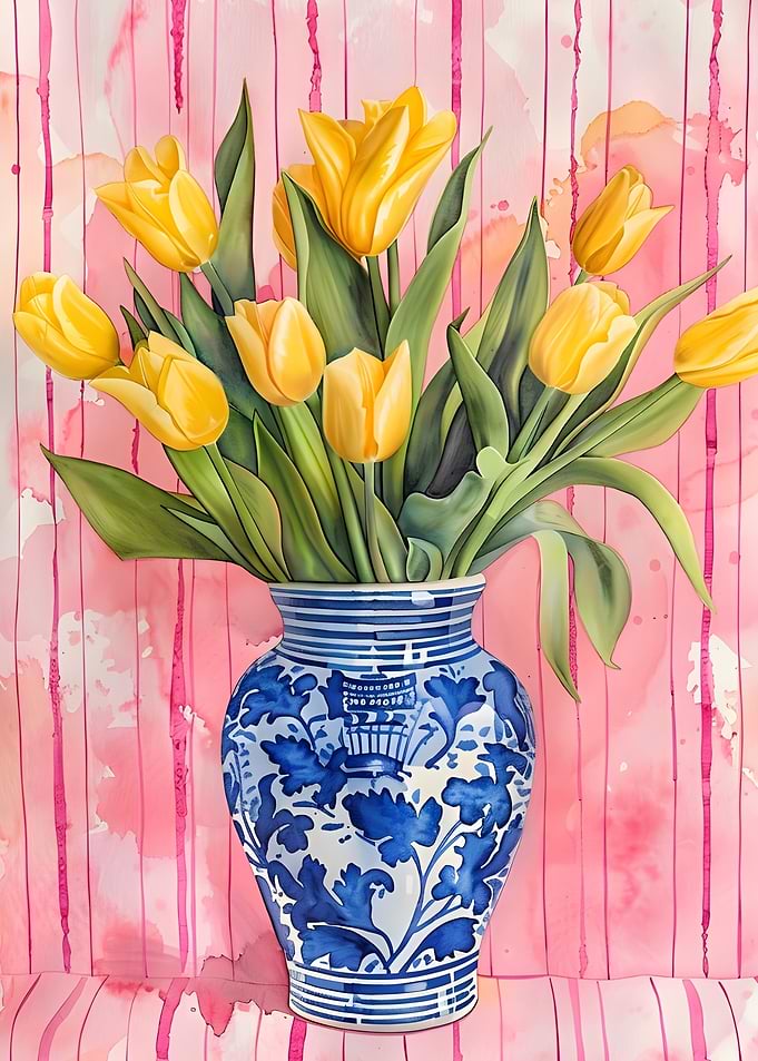 Yellow Tulips in Blue Vase Painting