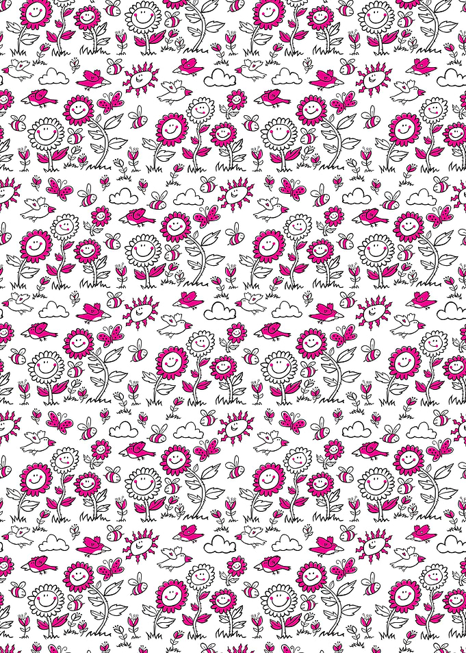 Floral Pattern with Smiling Flowers and Animals