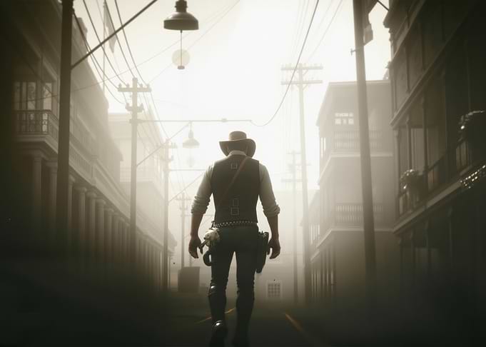 Lone Cowboy Walking Down Foggy Street