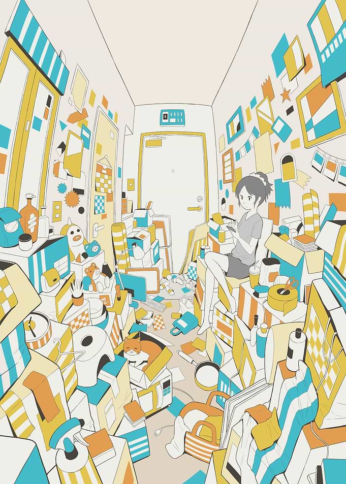 Cluttered Hallway with Girl and Cat