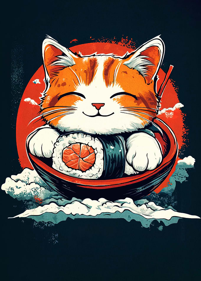 Cat in Sushi Boat Illustration