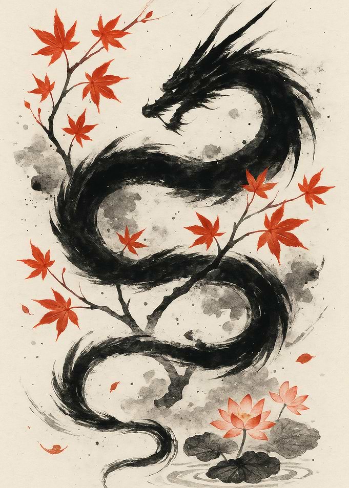 Dragon with Maple Leaves and Lotus