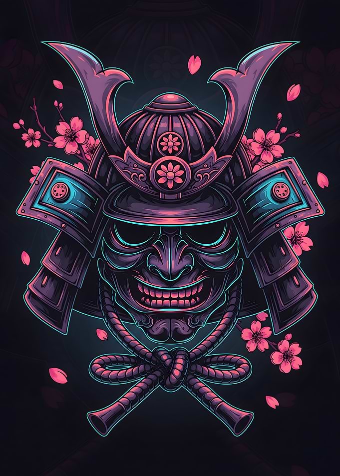 Japanese Aesthetics – Neon Samurai Helmet with Cherry Blossoms
