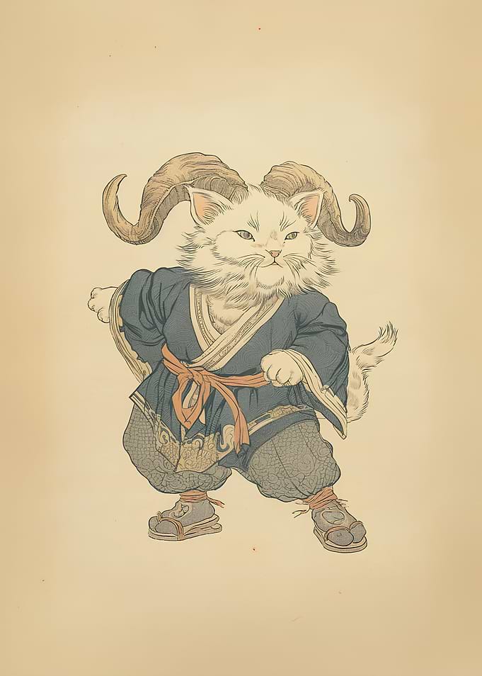 Capricorn Cat Ukiyo-e Poster | Japanese Zodiac Wall Art Print