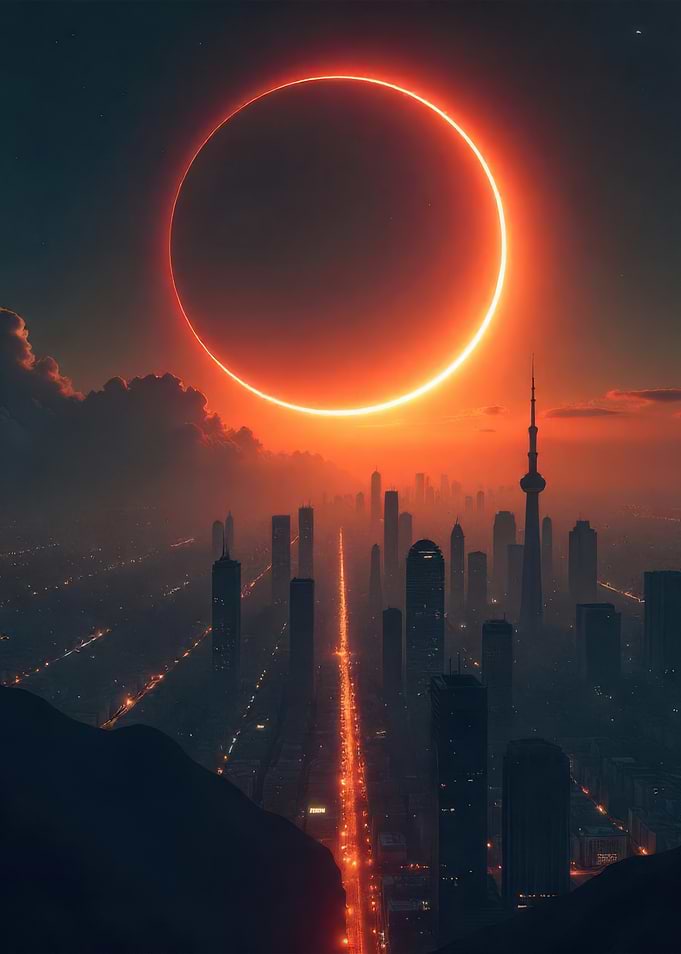 Solar Eclipse Over Futuristic Cityscape