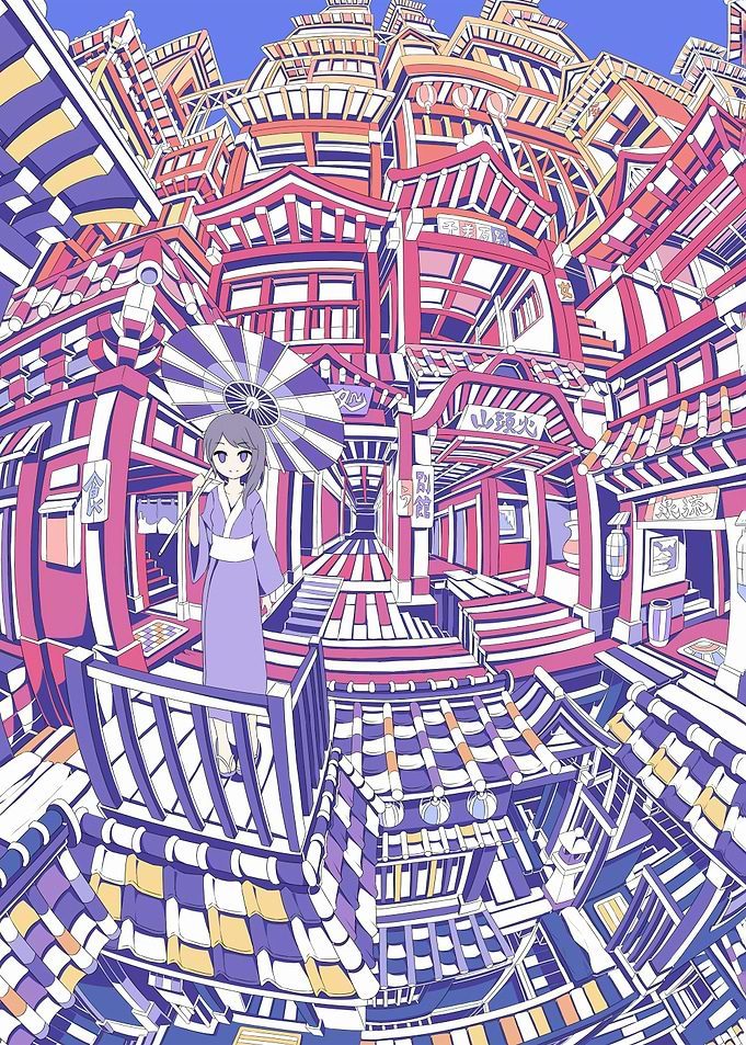 Anime Girl in Japanese Town Illustration