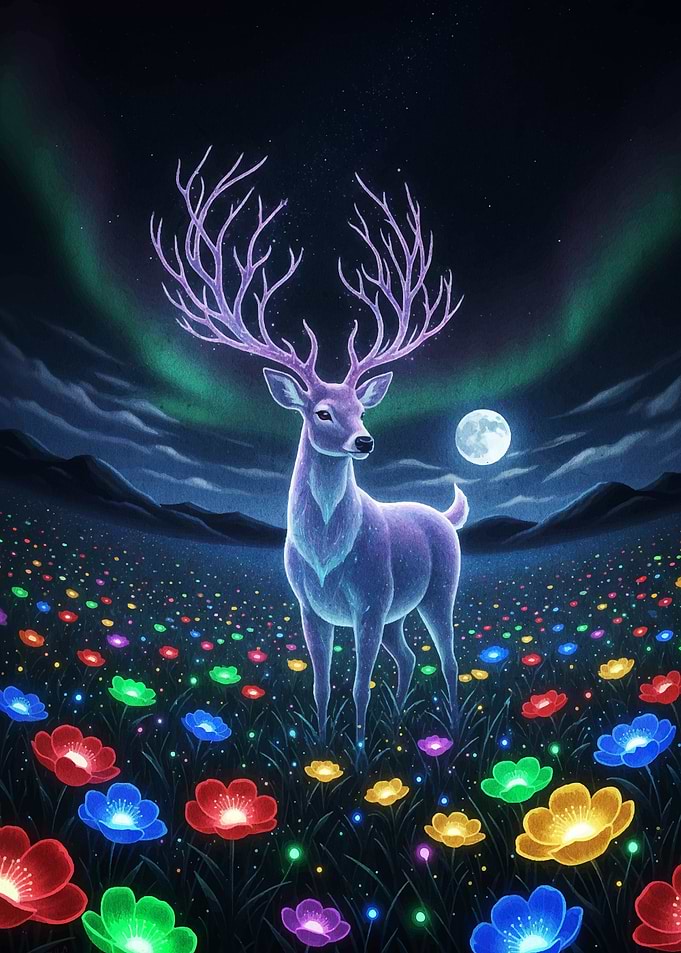 Luminous Deer in a Flower Field