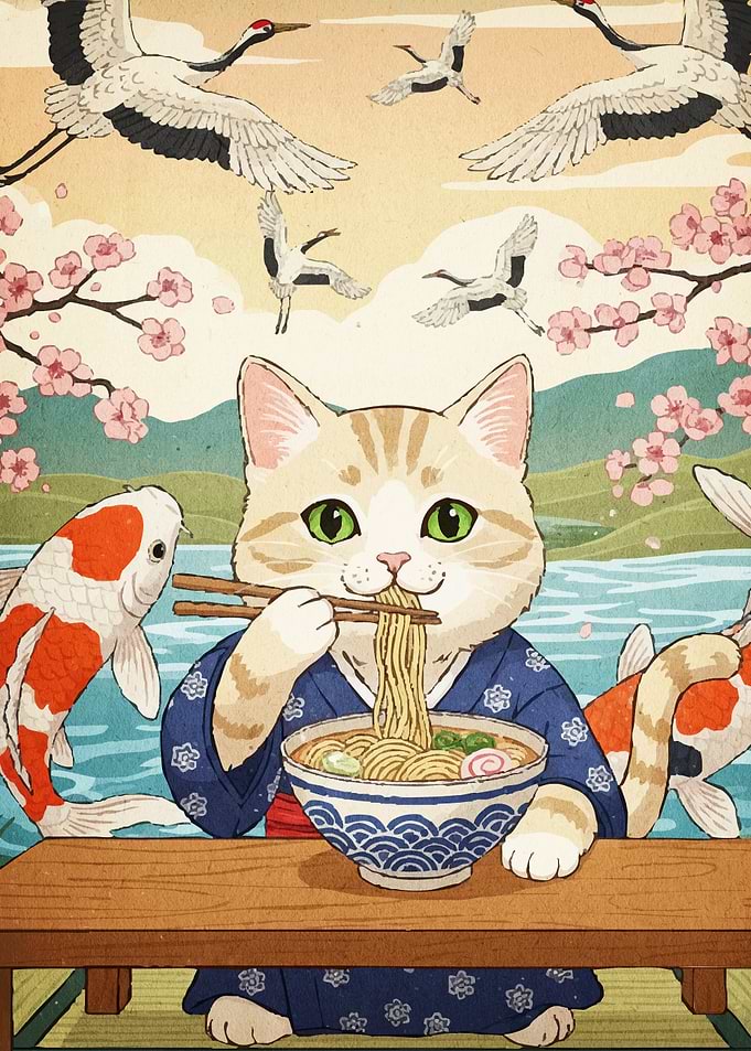 Cat Eating Ramen Japanese Scenery