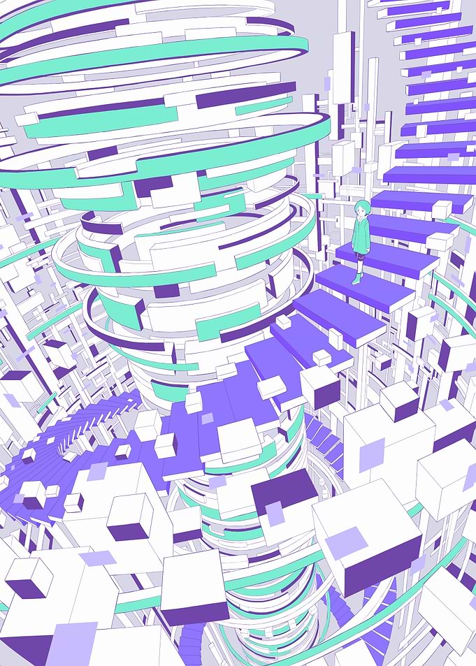 Abstract Cityscape with Figure and Spirals