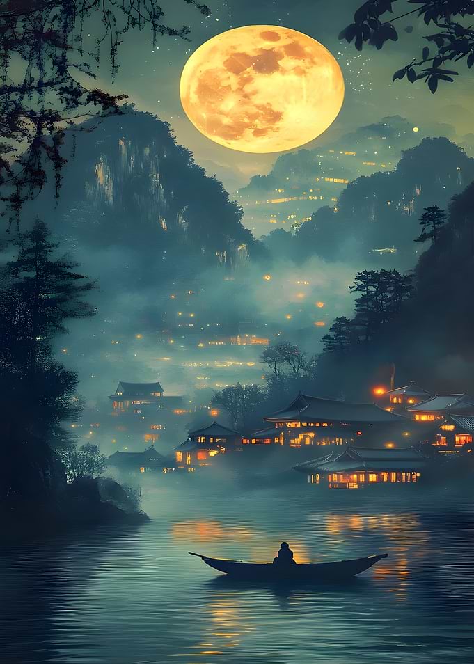 Mystical Asian Village Under Full Moon