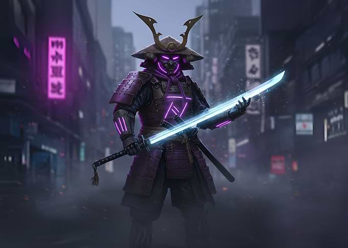 Cyberpunk Samurai Warrior in Cityscape