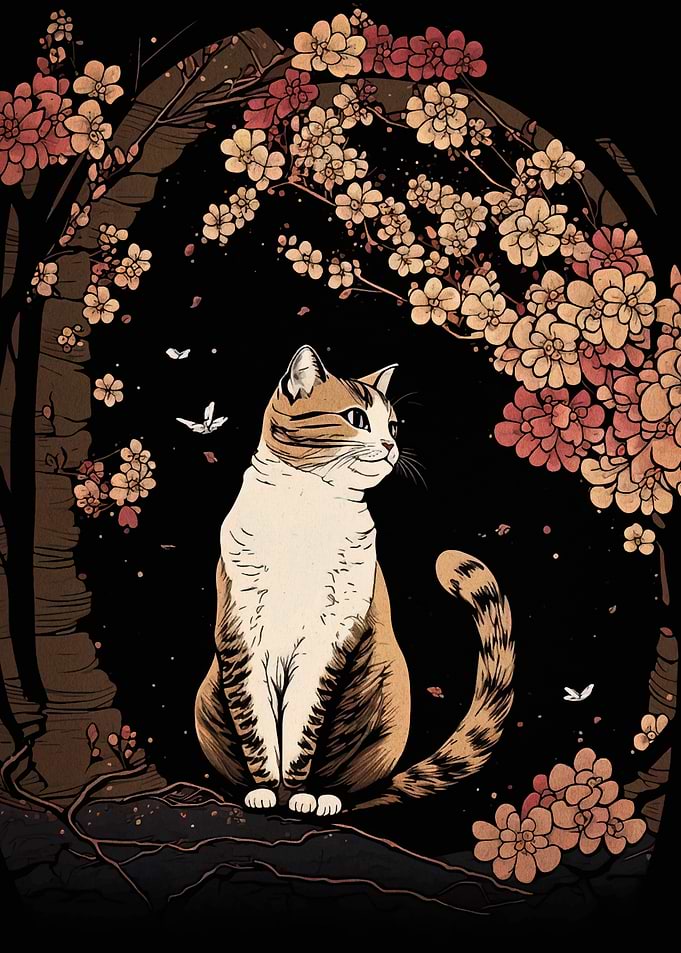 Cat under Cherry Blossoms