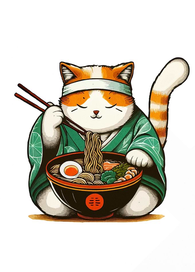 Cat eating ramen in kimono