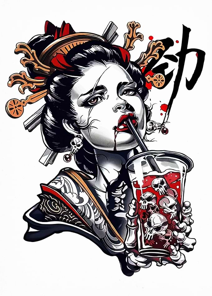 Geisha with Skull Drink