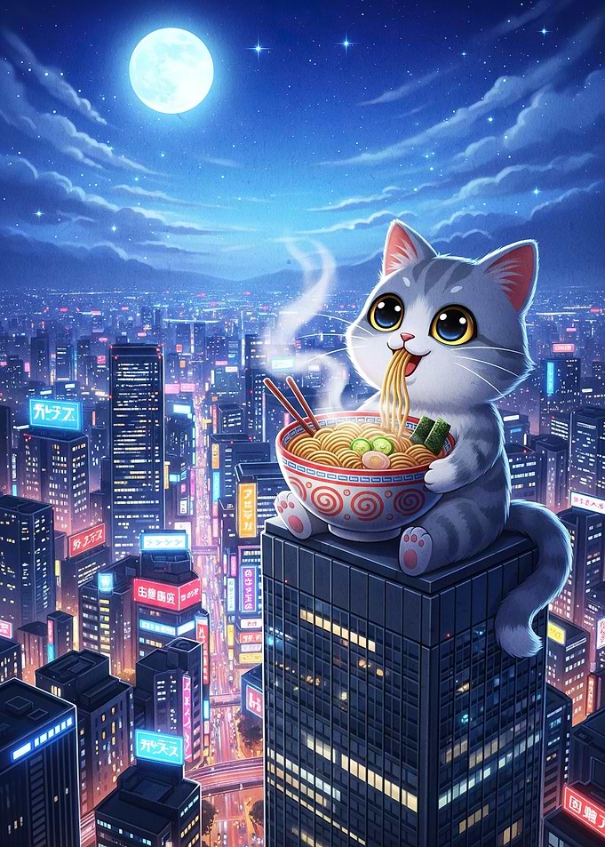 Cat eating ramen skyscraper
