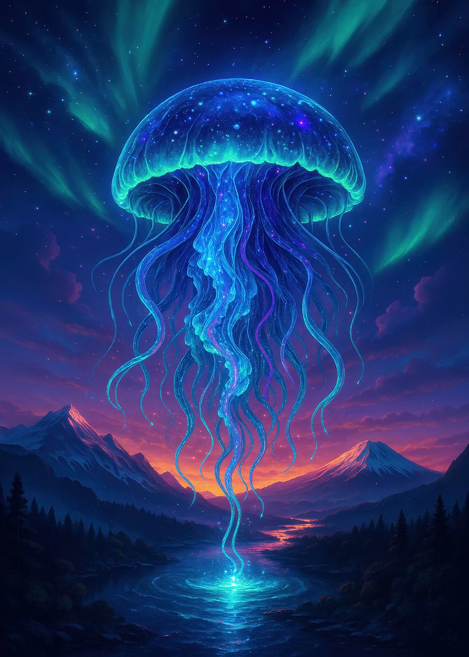 Glowing Jellyfish Over Mountain Landscape