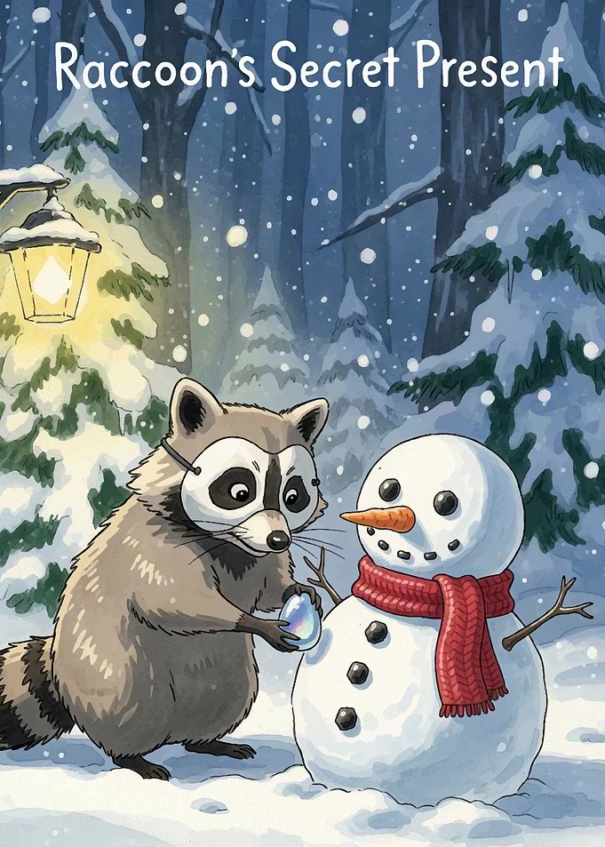 Raccoon's Secret Present in Winter Forest