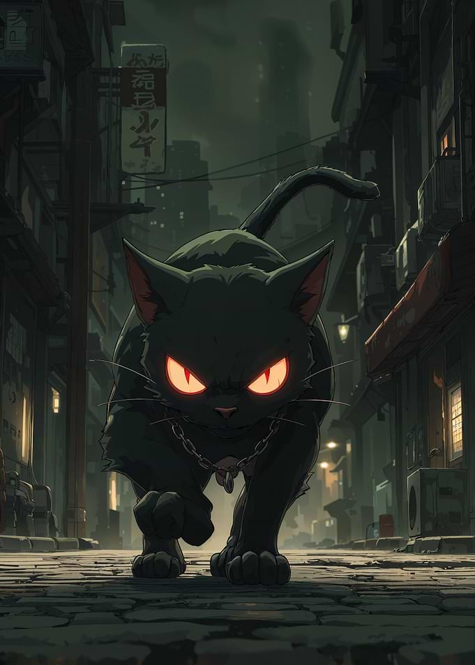 Black Cat in Dark Cityscape