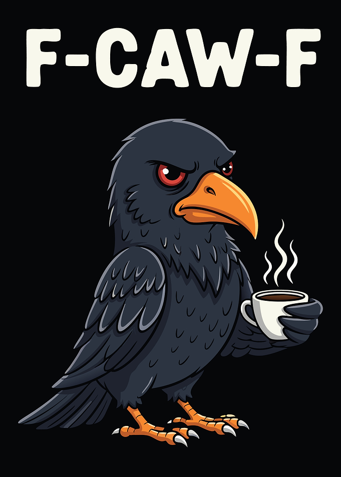 Grumpy Raven with Coffee Cartoon