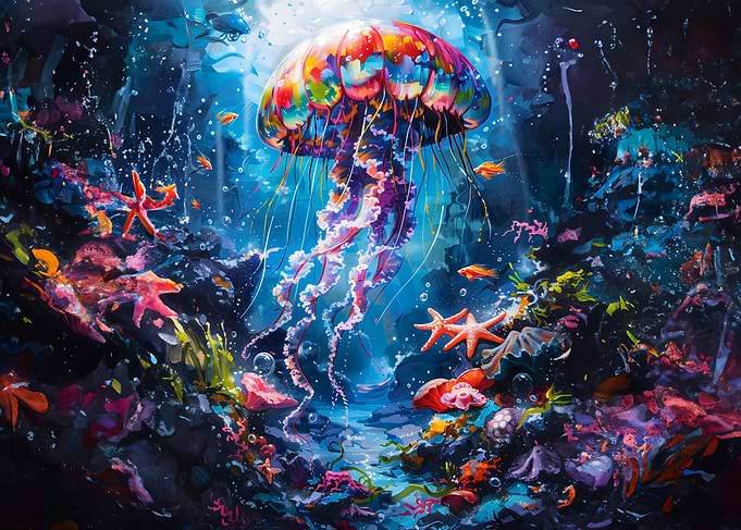 Colorful Jellyfish in Ocean Painting