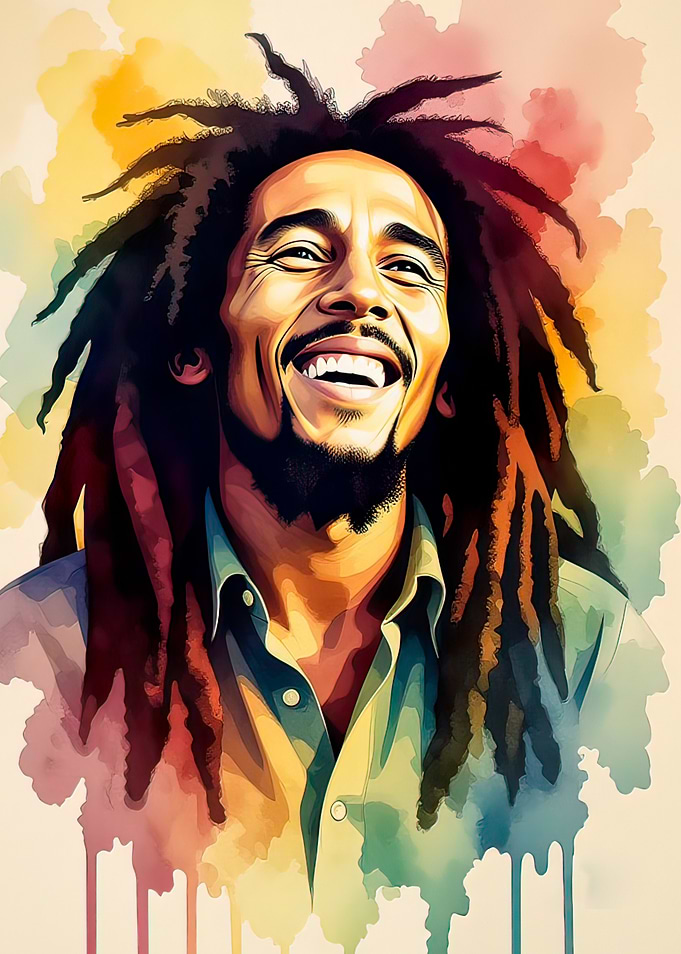 Bob Marley Portrait with Watercolor Effect