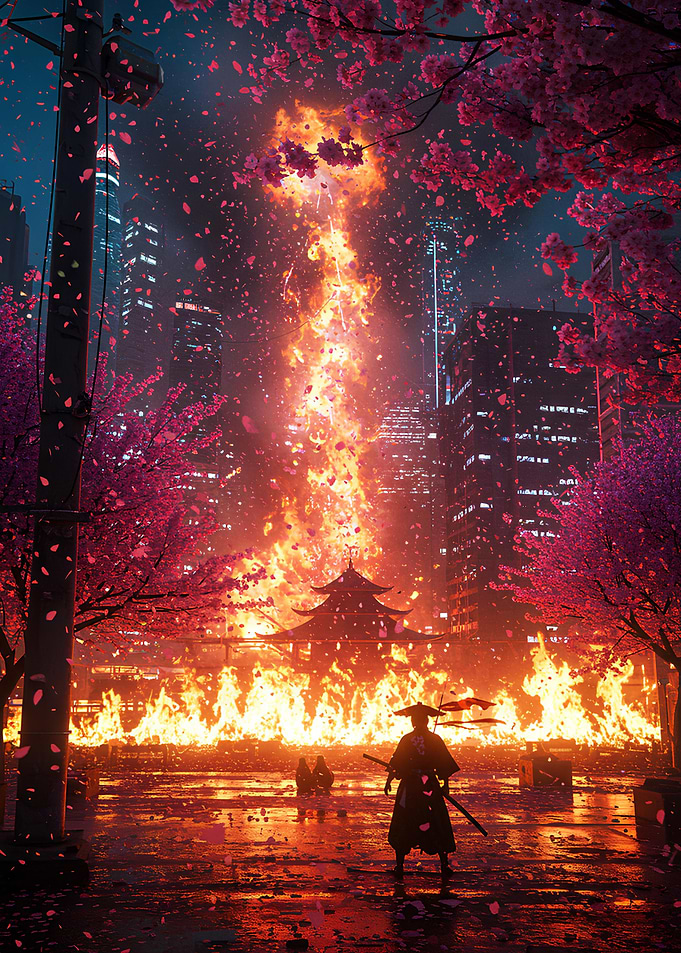 Burning Temple in Cyberpunk Cityscape