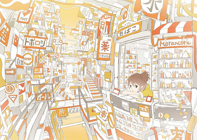 Anime-style street scene with girl