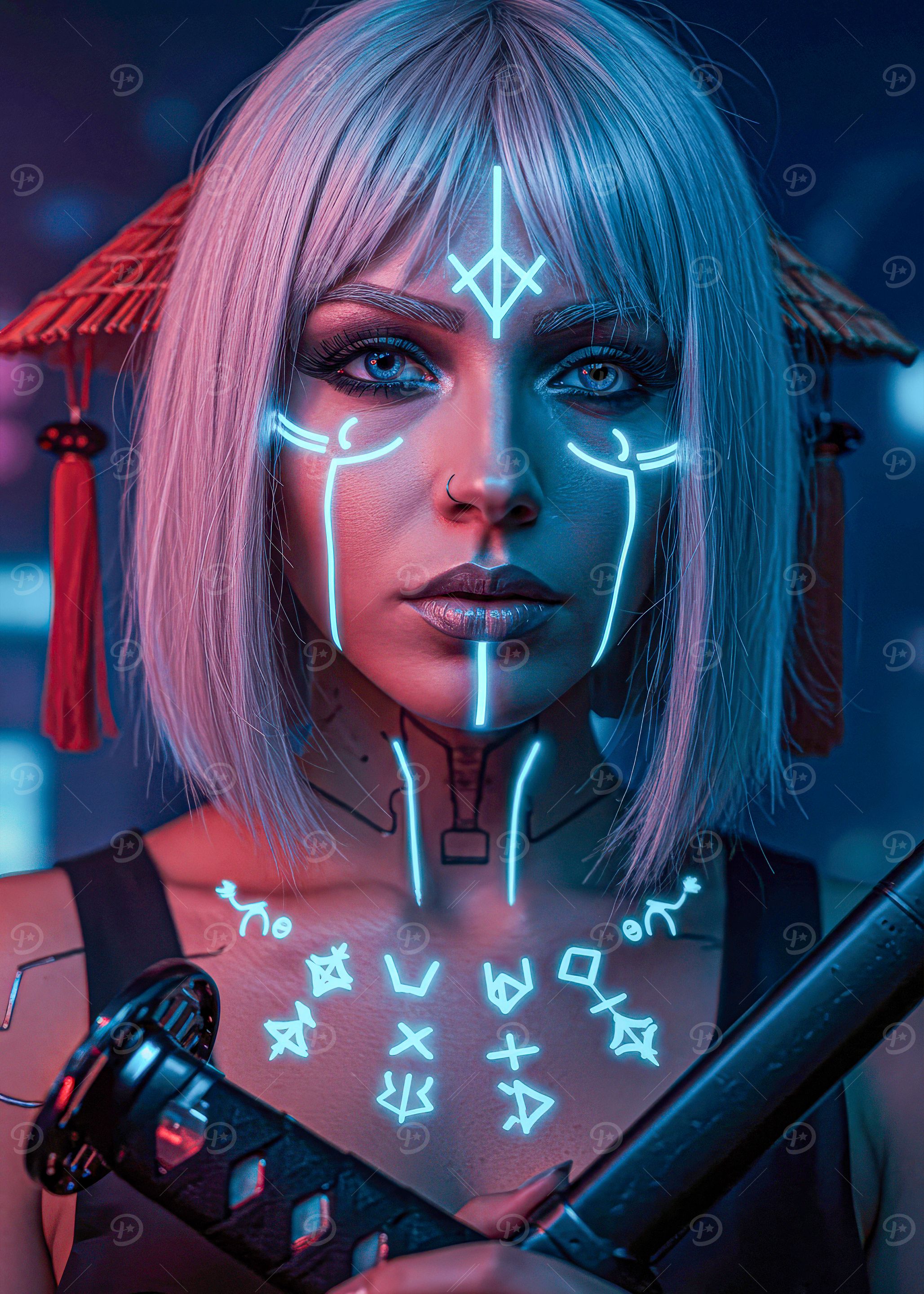 Cyberpunk Warrior with Katana and Neon Markings