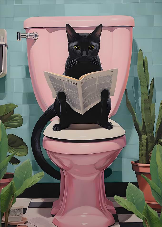 Black Cat Reading on Pink Toilet