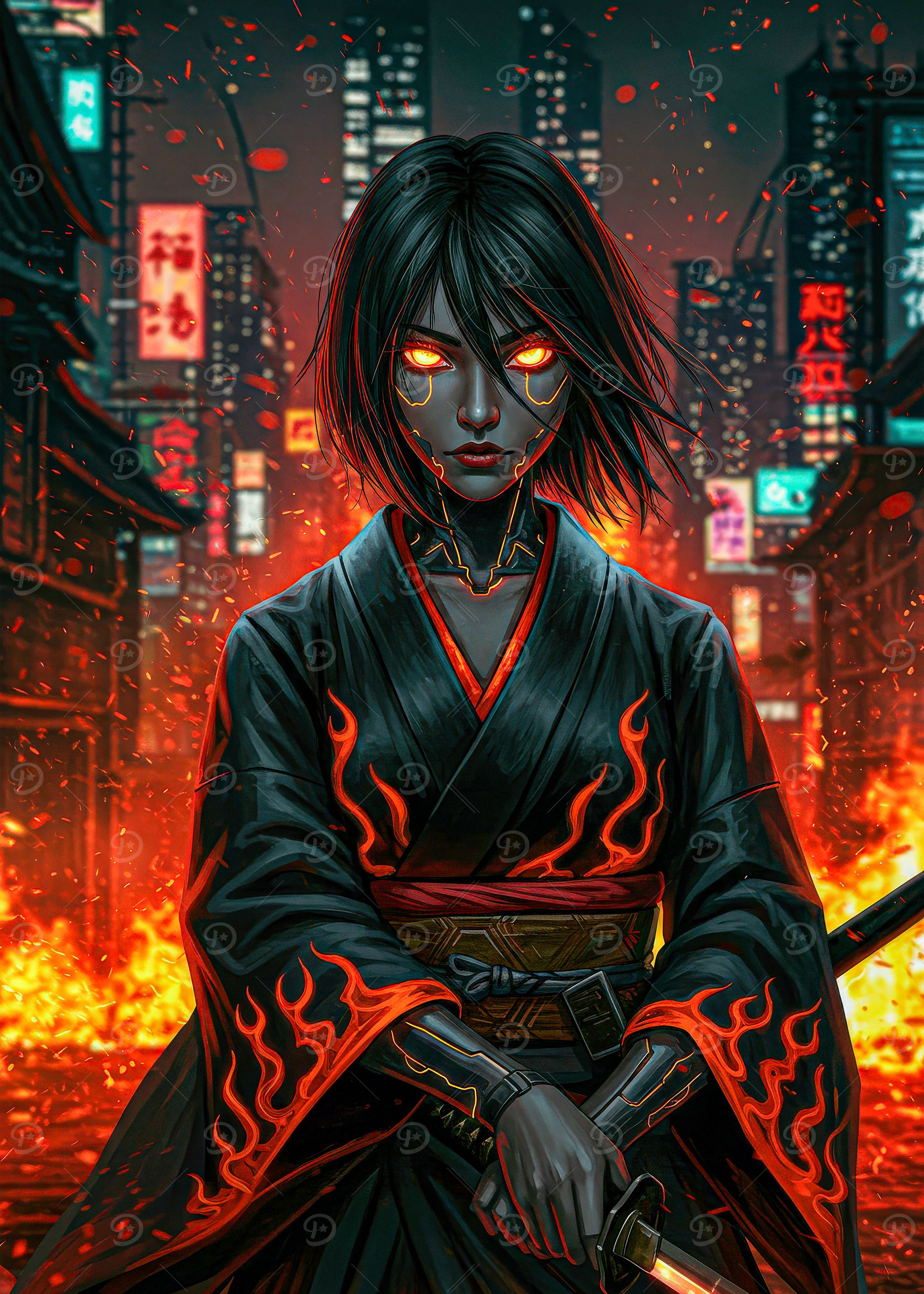 Cyberpunk Geisha in Burning Cityscape
