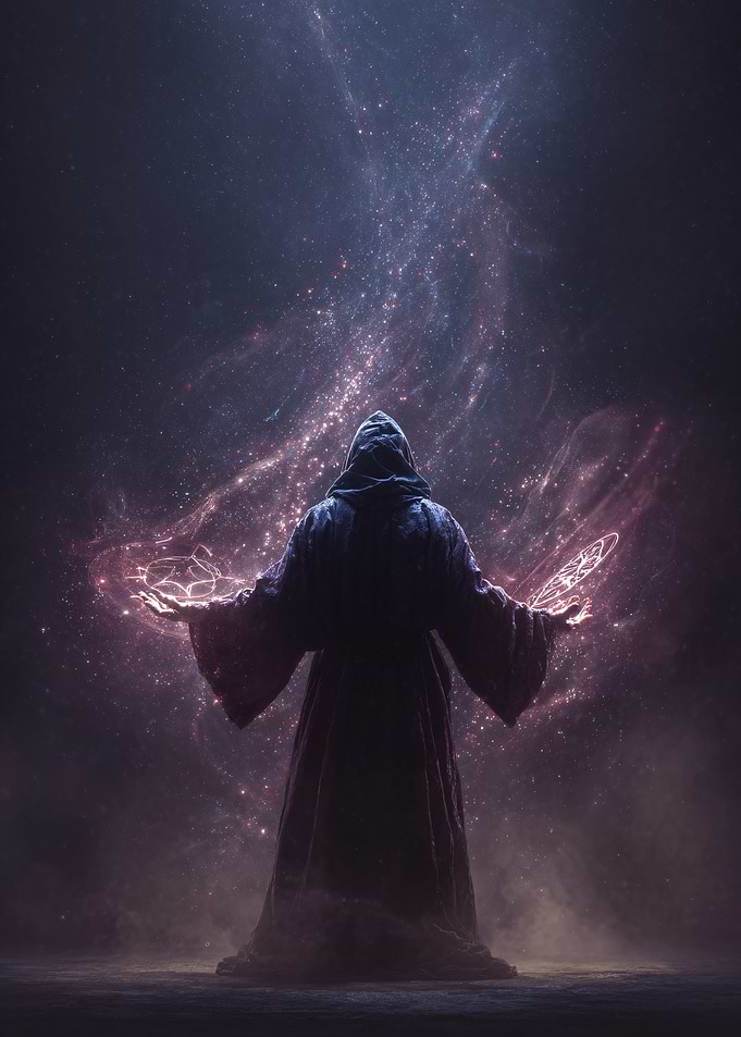 Wizard casting spell in cosmic background