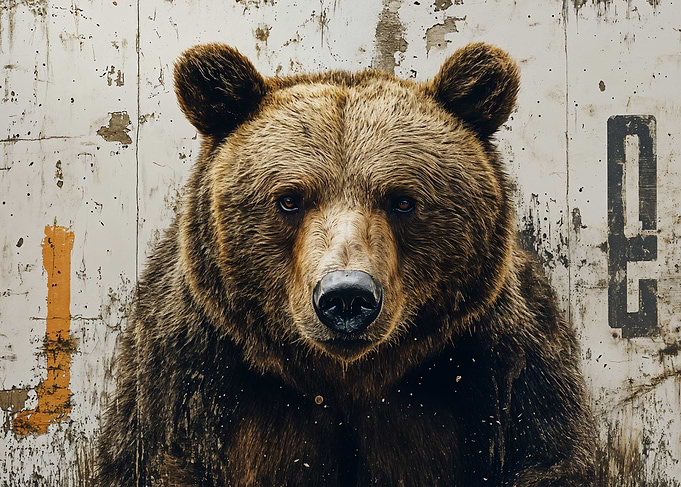Grizzly Bear Portrait Against Grunge Wall