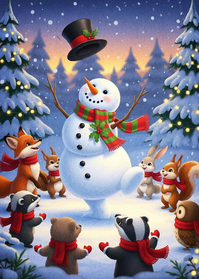 Snowman Forest Animals in Winter