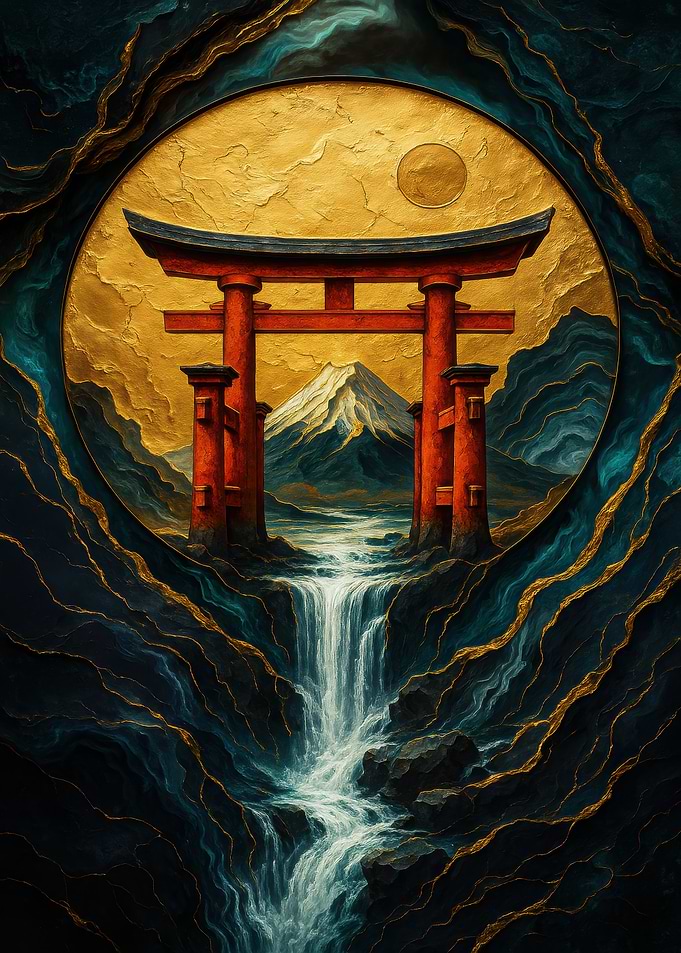 Japanese Torii Gate with Waterfall