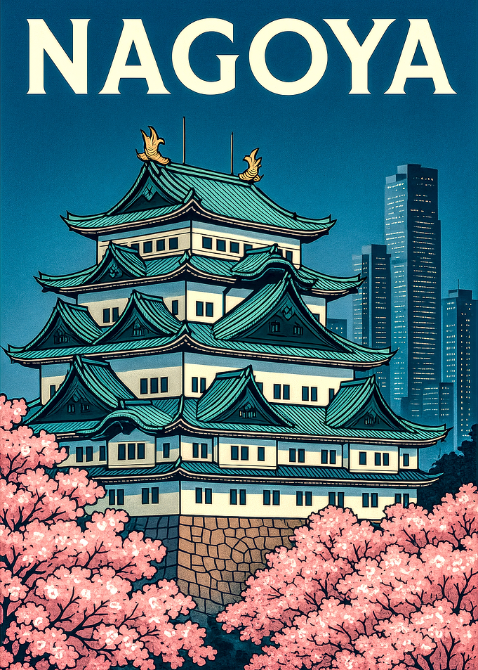 Nagoya Castle Illustration with Cherry Blossoms