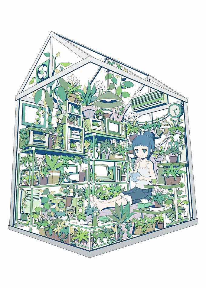 Girl Reading in a Greenhouse Illustration
