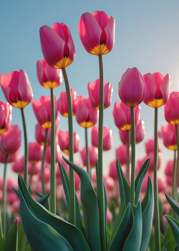 Pink Tulips Field Under Blue Sky