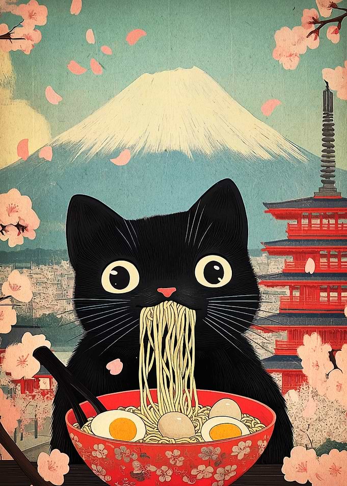Black Cat Eating Ramen with Mount Fuji
