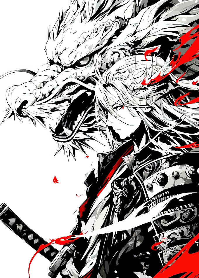 Samurai with Dragon Digital Art